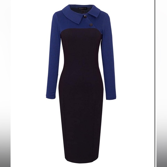 NWT! HOMEYEE Women's Retro Chic Colorblock Lapel Career Tunic Dress blue S (4) - Picture 3 of 13